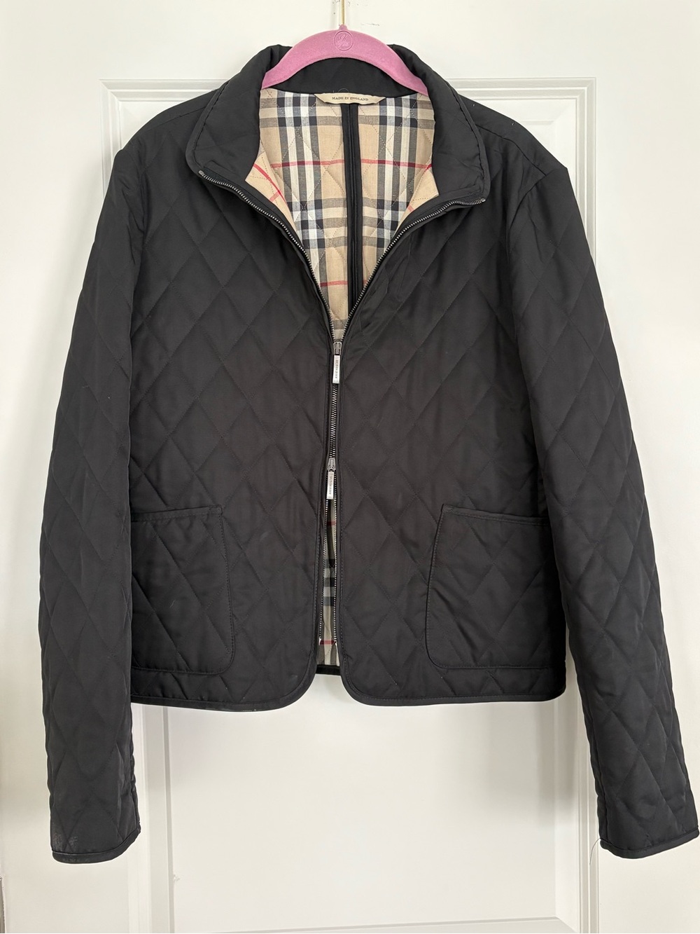 Burberry Crop Black Quilted Jacket with Plaid Lining